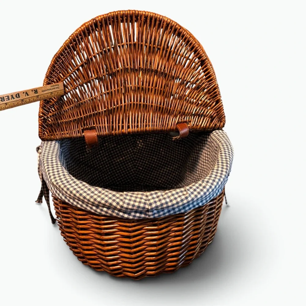 Cottagecore Wicker Picnic Basket Gingham Lined Double Lid Woven Hamper 18x13x9